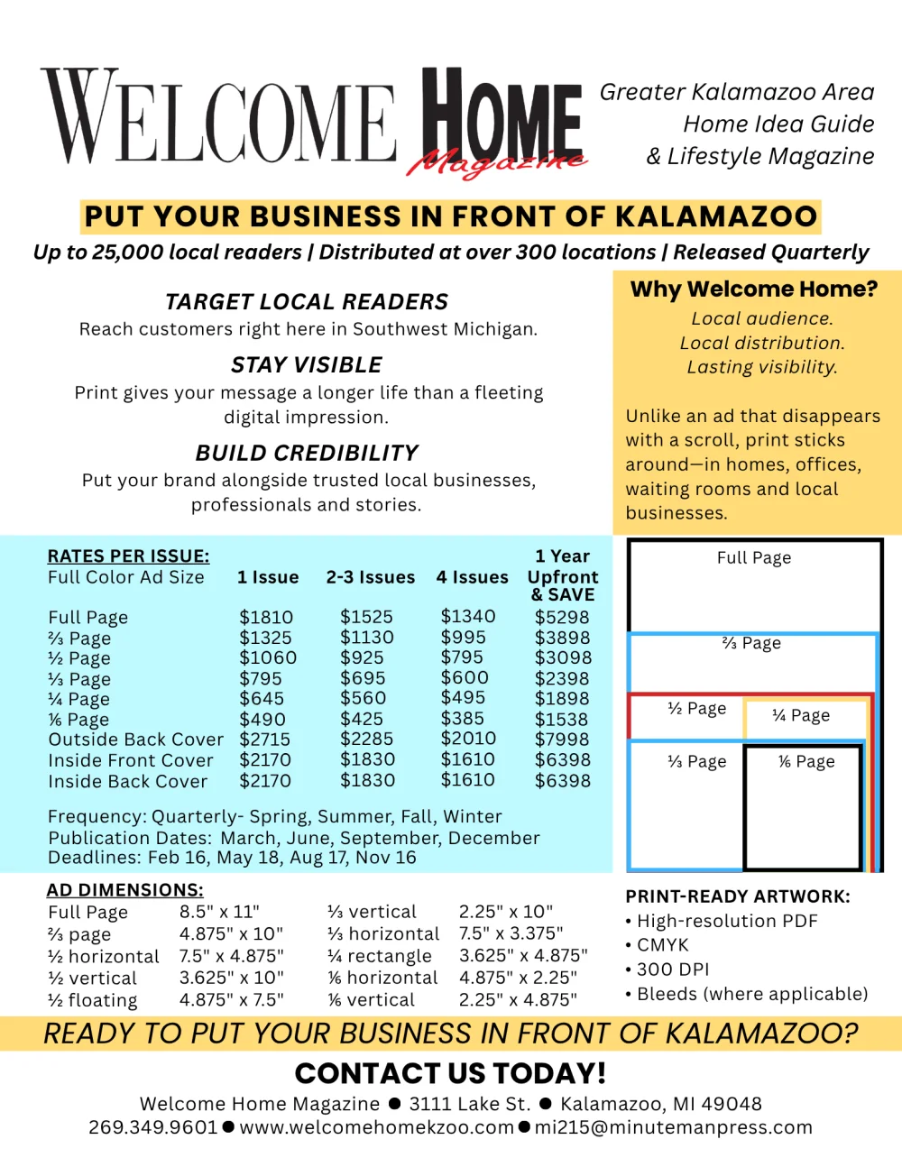 The Welcome Home Magazine rate sheet: rates, ad dimensions, publication dates and deadlines