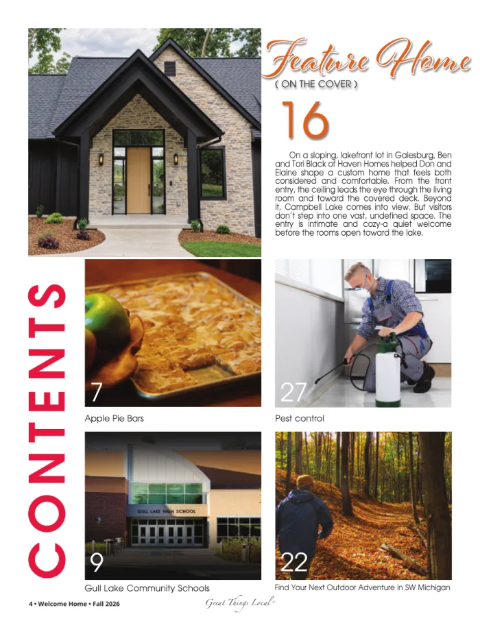 The contents page of the Fall 2026 issue, with the Galesburg feature home