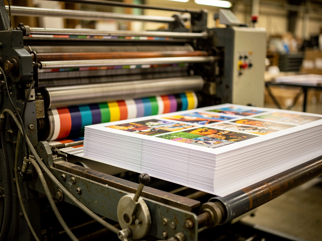 Freshly printed full-color sheets stacked at the delivery end of an offset press