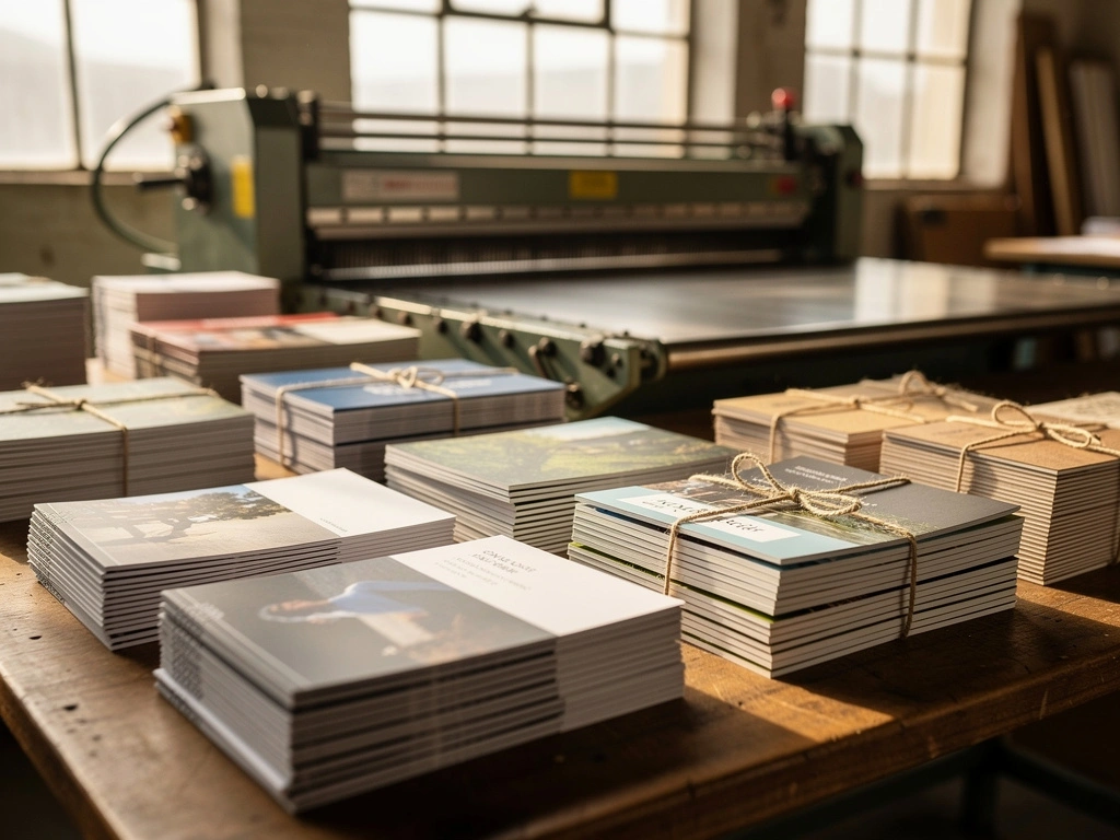 Stacks of saddle-stitched booklets and a paper cutter in a print shop bindery