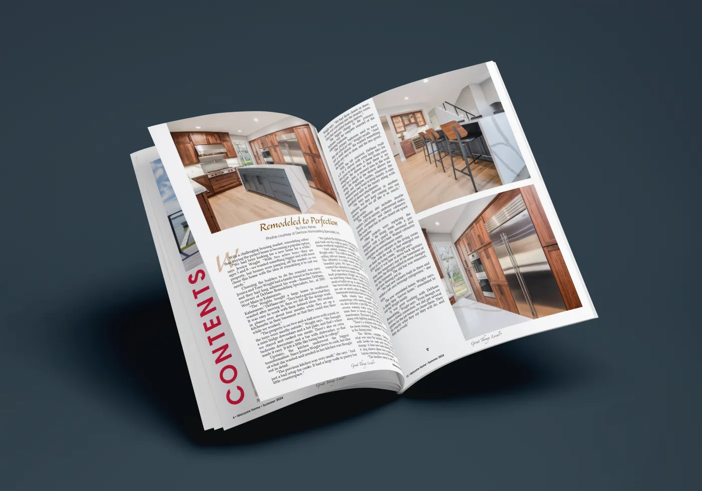 An open copy of Welcome Home Magazine showing a two-page spread